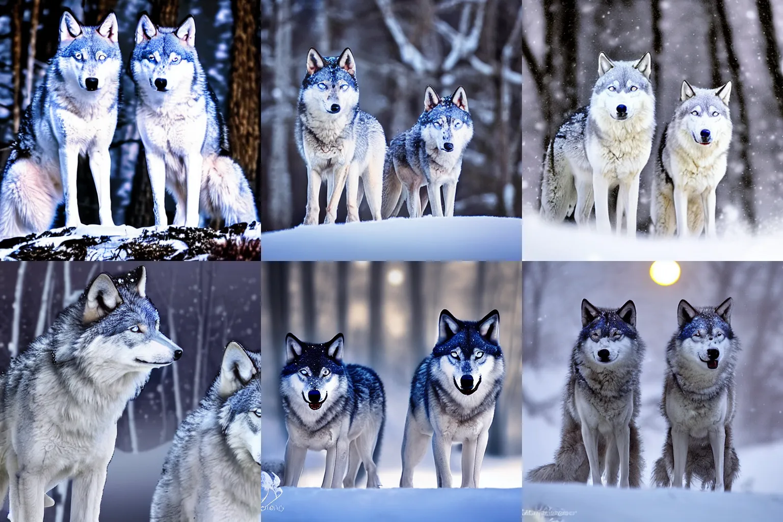 Prompt: two blue eyed wolves howling at the moon in a snowy forest, one is all white and the other is grey and white, snow is falling and there is a full moon, night time, fantasy, glowing eyes, USA, Canada, North America 200mm, f/2.8, 1/60s