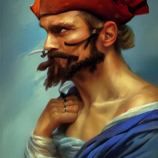 Prompt: portrait of An old pirate with a blue parrot on his shoulder, dreamy and ethereal, expressive pose, peaceful expression, elegant, highly detailed, digital painting, artstation, concept art, smooth, sharp focus, by gil elvgren