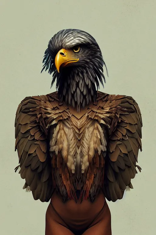 Image similar to epic professional digital art of female human - eagle hybrid animal, sitting, wearing human air force jumpsuit, humanoid feathered head, eagle beak, by lisa roet, reyna rochin, ignacio fernandez rios, leesha hannigan, wayne haag, artstation, cgsocietywlop, epic, much wow, much detail