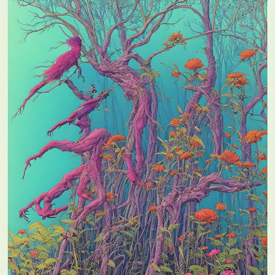 Prompt: ( ( ( beautiful strange forest and flowers and birds ) ) ) by mœbius!!!!!!!!!!!!!!!!!!!!!!!!!!!, overdetailed art, colorful, record jacket, cover art design, decorative frame