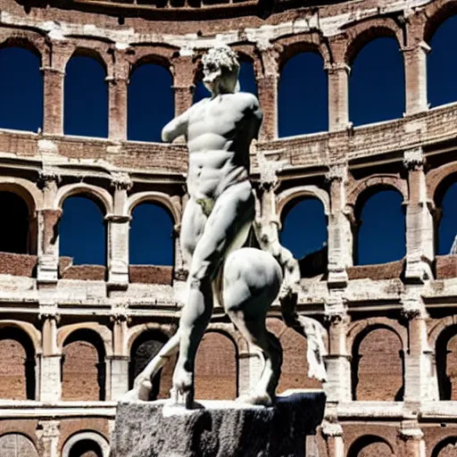 Prompt: A marble statue of a Centaur in the middle of the Colosseum, sculpture created by michelangelo, 8k, cinematic lighting