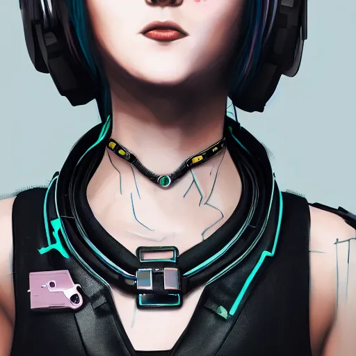 Image similar to realistic female character cyberpunk wearing technological collar around neck, realistic, art, beautiful, 4K, collar, choker, collar around neck, punk, artstation, detailed, female, woman, choker, cyberpunk, punk, collar, choker, collar around neck,