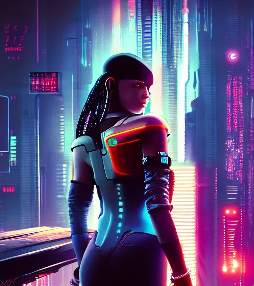 Prompt: cable plugged into cyberdeck, back of head, cyberpunk woman, computer, netrunner, 1 9 7 9 omni magazine cover, style by vincent di fate, cyberpunk 2 0 7 7, 4 k resolution, unreal engine, daz