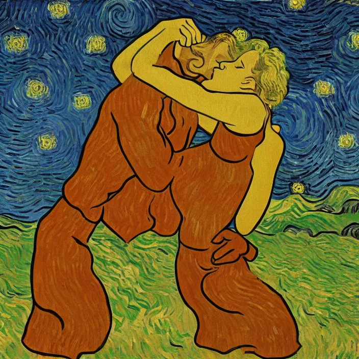 Image similar to one olive - skinned man and one woman kissing, painting by van gogh
