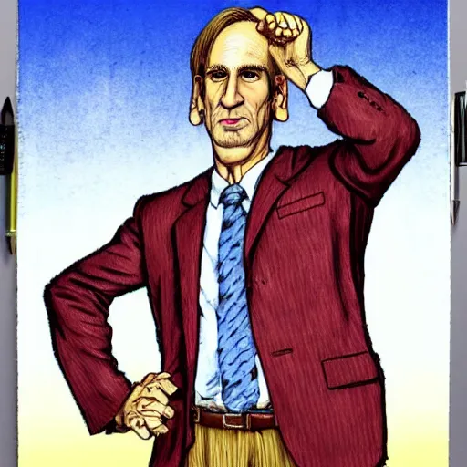 Image similar to The Artwork of R. Crumb and his Cheap Suit Saul-Goodman-Better-Call-Saul, pencil and colored marker artwork, trailer-trash lifestyle