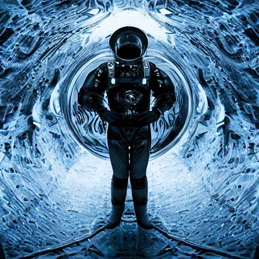 Prompt: concept art astronaut in futuristic dark and empty sci - fi spaceship. infrared complex and hyperdetailed technical suit design. mandelbulb fractal underwater space. reflection and dispersion materials rays and dispersion of light breaking through the deep water. 5 0 mm, f / 3 2. noise film photo. flash photography