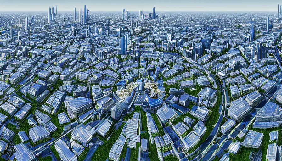 Prompt: panorama of futuristic berlin with white glass domes, blue glass buildings, highways, reichstag, square, green alley, sunny day, volumetric light, hyperdetailed, artstation, cgsociety, 8 k