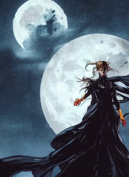 Image similar to portrait of Anna Millerstone as a Dark evil witch, big moon in the background, dramatic lighting, book cover by Albert Bierstadt, yoji shinkawa, 4k, digital art, concept art, trending on artstation