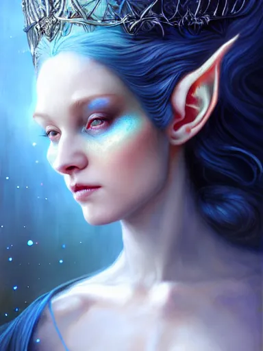 Image similar to the elven queen with blue skin by james jean, charlie bowater, tom bagshaw, nikolay makovsky, melanie delon : : enchanting, ethereal, magical, glowing, sparkle, prismatic, portrait, character design, illustration, hyperrealism, photorealism, digital art, concept art, fantasy, whimsy, weta, wlop, artstation