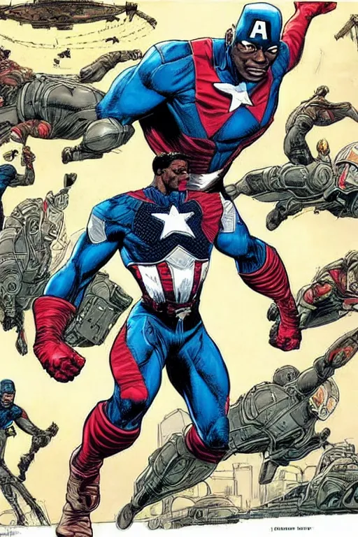 Prompt: black captain America. concept art by James Gurney and Mœbius.