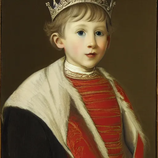 Prompt: portrait of a sharp eyed, sharpd nose, white haired young king children, wearing a crown and suit, royal cape,