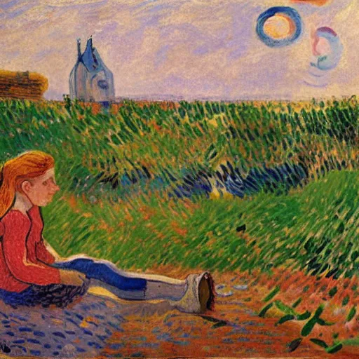 Image similar to young woman dreaming of bubbles and fish, concept art, gouache, camille pissarro, van gogh, wide shot