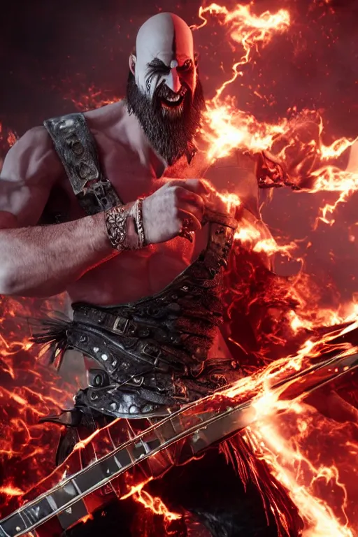 Image similar to screaming armored kratos rocking out on a flaming stratocaster guitar, cinematic render, god of war 2 0 1 8, playstation studios official media, lightning, flames, red facial stripe, red facial stripe, clear, coherent