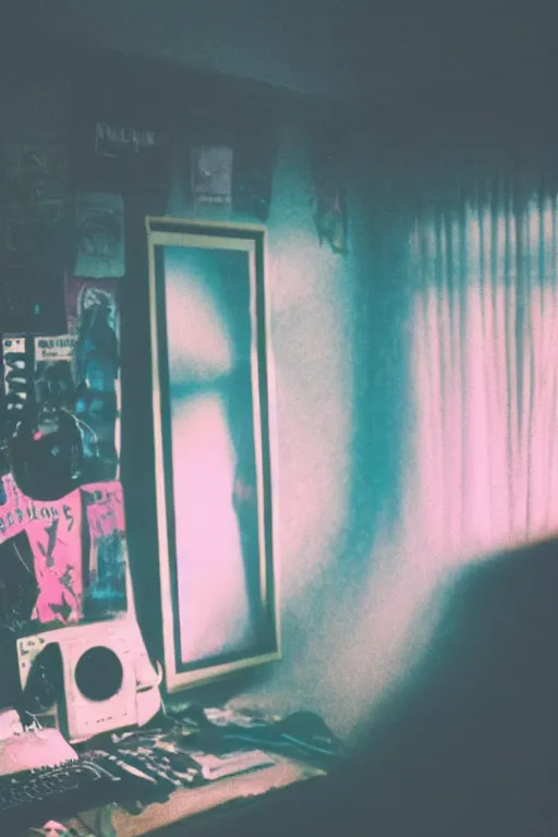 Image similar to agfa vista 4 0 0 photograph of a cluttered 9 0 s teenagers goth punk rock bedroom, synth vibe, vaporwave colors, lens flare, moody lighting, moody vibe, telephoto, 9 0 s vibe, blurry background, grain, tranquil, calm, faded!,