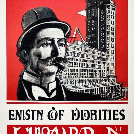 Image similar to 1 9 0 8 capitalism propaganda poster, black and white engraving on antique yellowed paper, with red ink used for emphasis, eastern european look, serious face of leader in the middle of poster, with intricate imagery of buildings and factories and laborers in the background