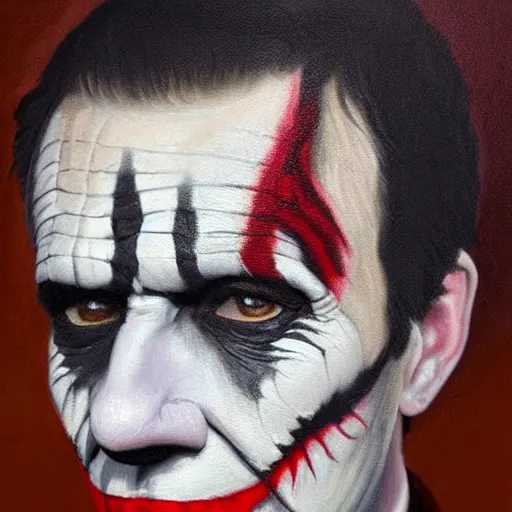 Prompt: oil painting portrait of julius caesar with joker's face paint on his face, 8 k, very detailed, very intricate,