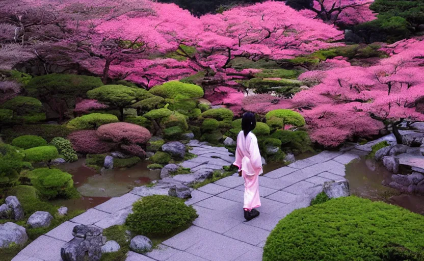 Prompt: A lonely anime girl in a kimono, walking through a traditional Japanese garden, anime scenery by Makoto Shinkai