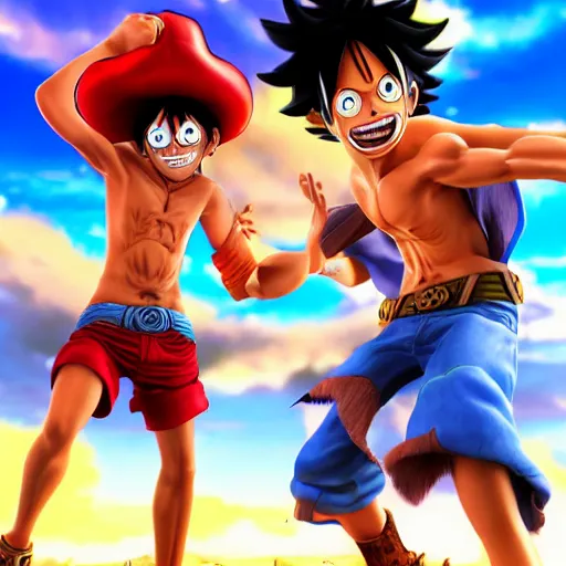 Prompt: joseph joe star verses monkey d luffy, lifelike, photo realistic, highly detailed, 8 k, hdr, detailed lighting, in space