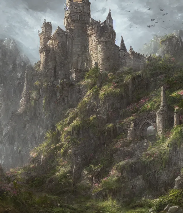 Prompt: view of castle highgarden, digital art, landscape painting, trending on artstation, highly detailed, medieval fantasy.