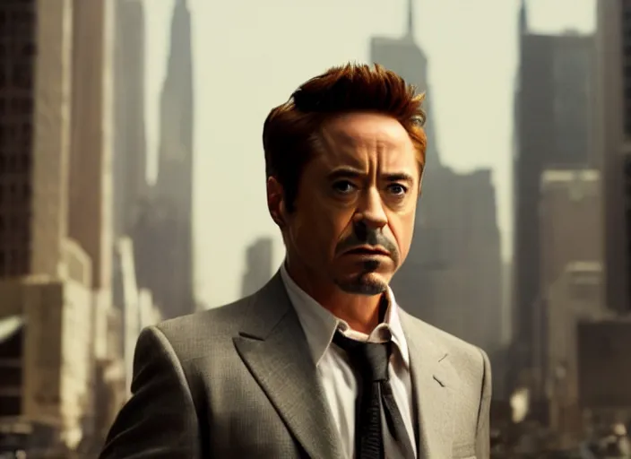 Image similar to film still of Robert Downey Jr as Cobb with the world bending in the background in Inception, 4k