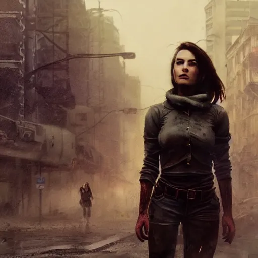 Image similar to fallout 5, charismatic beautiful rugged brunette female protagonist, portrait, outdoors ruined cityscape, atmospheric lighting, painted, intricate, volumetric lighting, beautiful, foggy, rain, daytime, slight overcast weather, sharp focus, deep colours, ultra detailed, by leesha hannigan, ross tran, thierry doizon, kai carpenter, ignacio fernandez rios