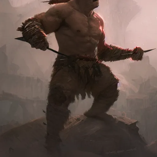 Image similar to an orc, an elf, a troll and a warrior fighting eachother, greg rutkowski