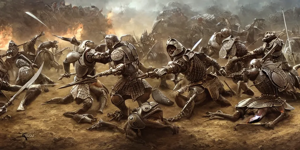 Prompt: an expansive battlefield scene showing a battle between bipedal medieval armored frogs and bipedal rat men with swords, extremely detailed, 8k resolution, in gladiator, cinematic, art by artgerm
