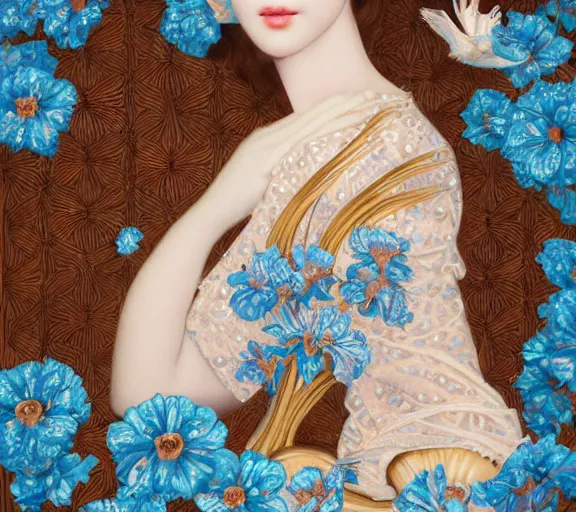 Image similar to breathtaking detailed concept art painting art deco pattern a beautiful wavy brown haired man!!!!!!! with pale skin and a crown on his head sitted on an intricate metal throne light - blue flowers with kind piercing eyes and blend of flowers and birds, by hsiao - ron cheng, bizarre compositions, exquisite detail