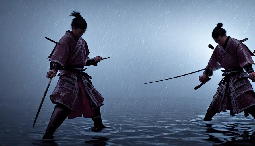 Image similar to Digital Art of A Samurai! Ninja! in Action, fighting and swords colliding, standing in a glowing lake while it rains, Concept Art, highly detailed, Artstation, 8k, Raytracing, Unreal Engine 5