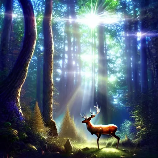 Image similar to beautiful hyper realistic elven, celestial highly detailed magic stag, in a beautiful highly detailed forest background. blue light. sunlight rays throught the trees. intricate, elegant, fantasy art, concept art 8 k rendering.