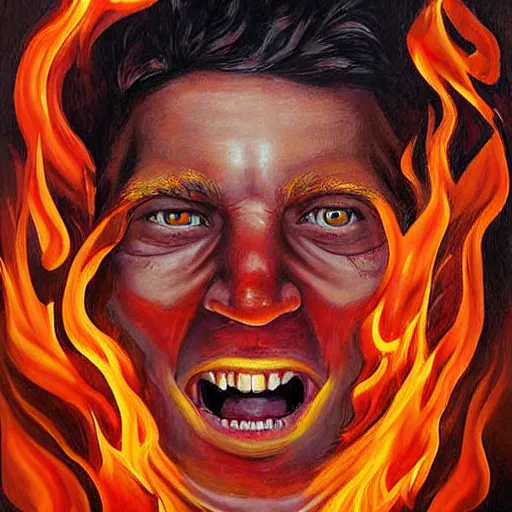 Image similar to a hyper realistic painting of a young fire - man, all face covered with a fire, coherent symmetrical eyes, cunning smile, by jeffrey smith, by andrea kowch, by steve henderson