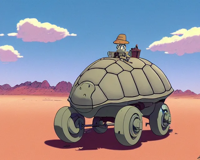 Image similar to a study of cell shaded cartoon of a grey mechanized turtle from howl's moving castle ( 2 0 0 4 ) on a desert road, full body, wide shot, muted colors, post grunge, studio ghibli, laurie greasley, highly detailed, deviantart, art by artgem