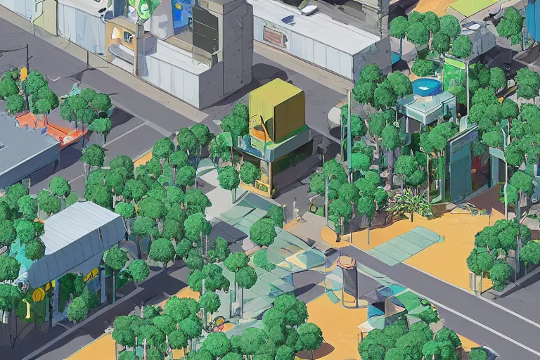 Prompt: an optimistic futuristic west australian city street with a pop cannabis leaf motif, by studio ghibli