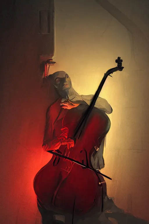 Prompt: an expressive portrait of agent 4 7 playing the cello in a monastery, dark background, red rim light, digital art, artstation, concept art by giger stalenhag