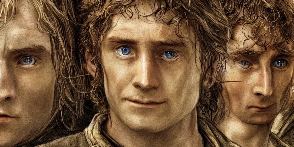 Image similar to close up pencil sketch of middle earth and hobbits ,digital art, high detail, hyper realistic,