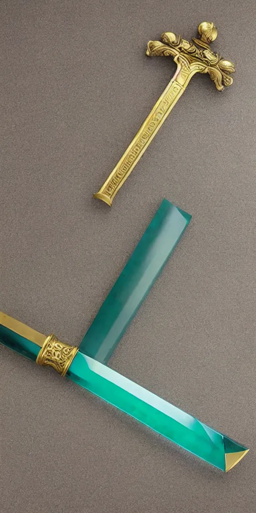 Prompt: photograph of a large green and teal crystal sword with a gold sword hilt