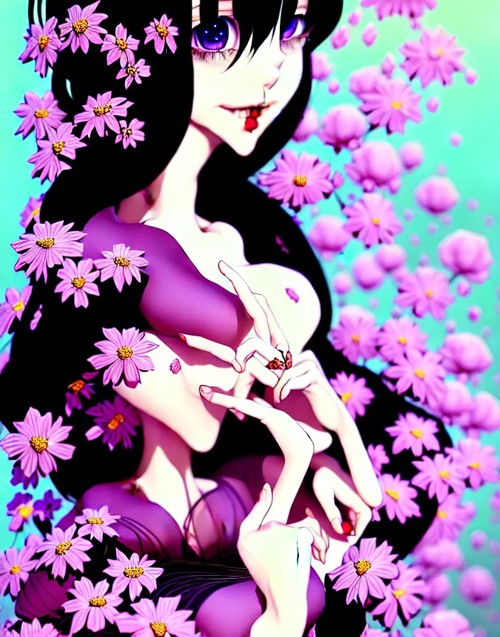 Image similar to portrait of an absurdly graceful, elegant, sophisticated woman wearing emo clothes, covered in flowers, by tex avery, range murata, intricate, beautiful, artstation 8 k