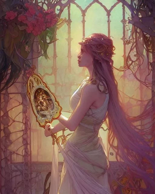 Prompt: death, highly detailed, gold filigree, romantic storybook fantasy, soft cinematic lighting, award, disney concept art watercolor illustration by mandy jurgens and alphonse mucha and alena aenami, pastel color palette, featured on artstation