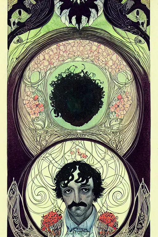 Image similar to symmetrical portrait of edgar allen poe in the center of an ornate floral frame, art by kay nielsen and walter crane, illustration style, watercolor