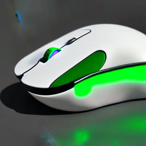 Image similar to 3 d render of white pc mouse with green eyes, unreal engine 5