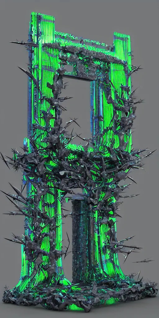 Prompt: 3 d photographic render of asymmetric melting japanese torii gate sculpture made of chrome, sakura bioluminescent chrometype, made of liquid metal, neotribal with thorns and green thunders, cyberpunk, raytracing, hyper realistic, volumetric lightning, 8 k, by zhelong xu and ouchh studio