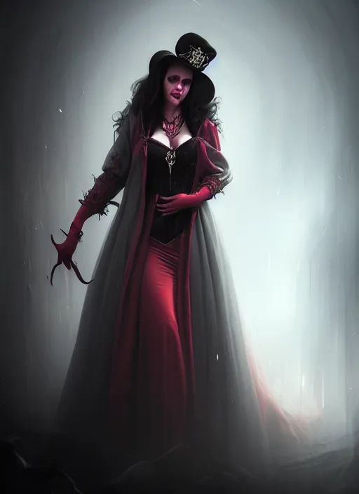 Image similar to realistic matte painting, full length portrait, the duchess of blood owns the las vegas night, vampire, highly detailed, CGsociety, subtle, concept art, HDR, hyper realistic, volumetric lighting, subsurface scattering, unreal