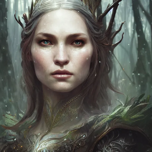 Image similar to close up portrait of a beautiful female elven warrior, magical forest background fantasy atmosphere. art by greg rutkowski. highly detailed, intricate, lifelike. sci - fi, fantasy, magical, nikon d 8 5 0.