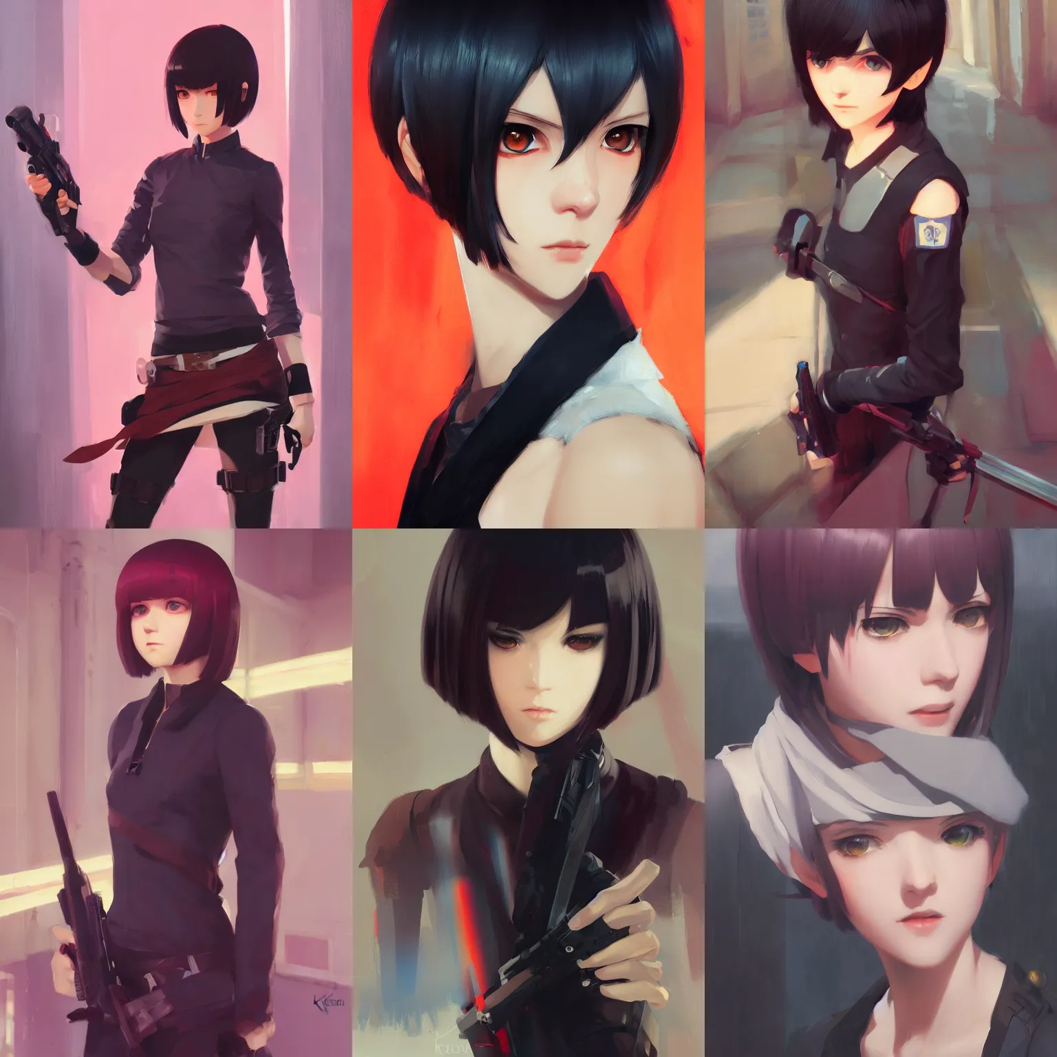 Prompt: a portrait of a cute young female assassin with black bob cut hair, spy setting, vivid colors, soft lighting, atmospheric, cinematic, moody, in the style of Ilya Kuvshinov and Range Murata, Krenz Cushart, oil on canvas, 8k