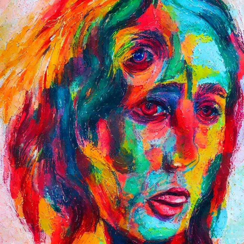 Image similar to intricate portrait made of colorful gouache thick impasto circles