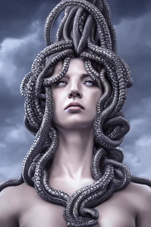 Image similar to a detailed matte portrait of medusa mother of the gorgons, elaborate regal reliefe, clouds, shrouded, trending on artstation, photorealistic, cgi, 8 k