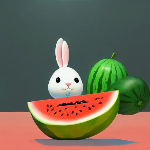 Image similar to a painting of a bunny and a watermelon, a storybook illustration by goro fujita, trending on cgsociety, pop surrealism, 2 d game art, storybook illustration, behance hd