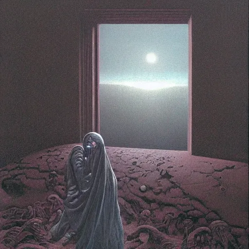 Prompt: Existential cosmic despair, screaming and crying, window into the hopeless soul, by Gerald Brom and Zdzisław Beksiński