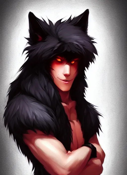 Image similar to character concept art of a black anthropomorphic furry male wolf long red hair | | cute - fine - face, pretty face, key visual, realistic shaded perfect face, fine details by stanley artgerm lau, wlop, rossdraws, james jean, andrei riabovitchev, marc simonetti, and sakimichan, trending on artstation