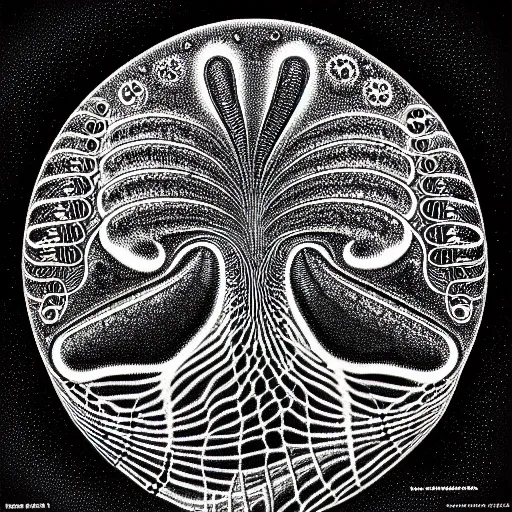 Image similar to a black and white drawing of a variety of sea life and filled with technological space equipment, a microscopic photo by ernst haeckel, zbrush central, kinetic pointillism, bioluminescence, intricate patterns, photoillustration